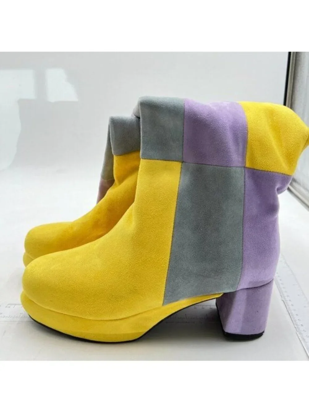 Platform Knee High Boots for Women Boots Round Toe Chunky High Heels Yellow Grey